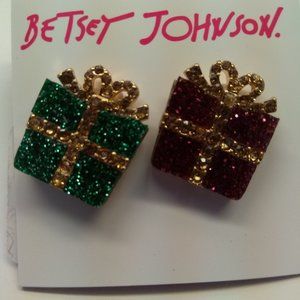 Betsey Johnson New Mismatch Red and Green Sparkly Package Earrines
